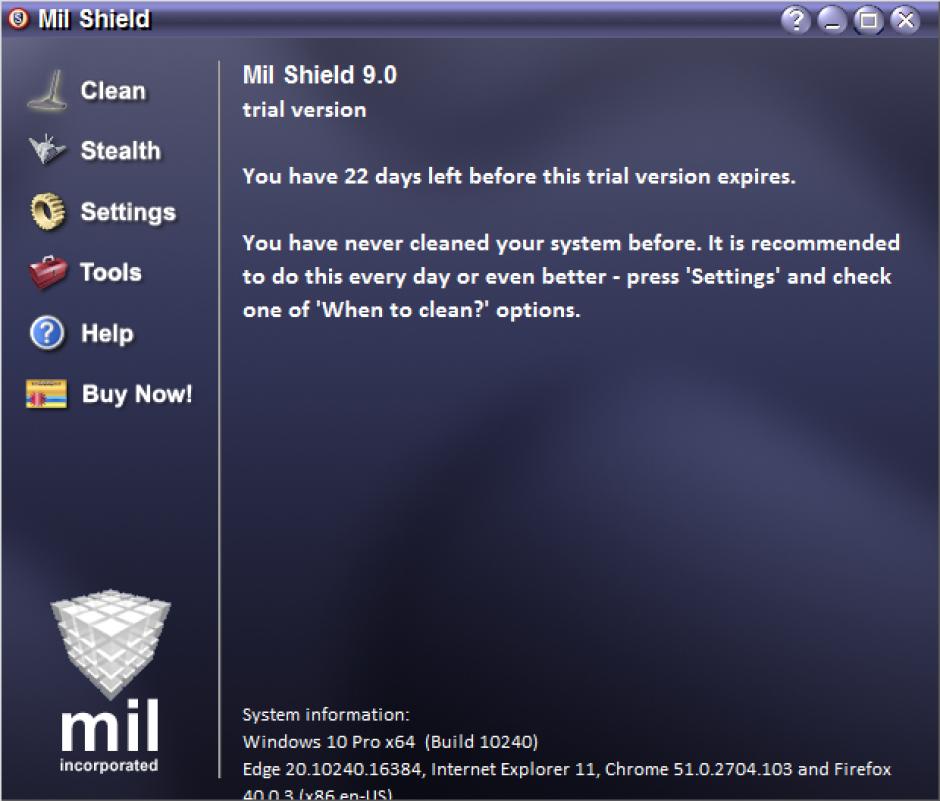 Mil Shield main screen