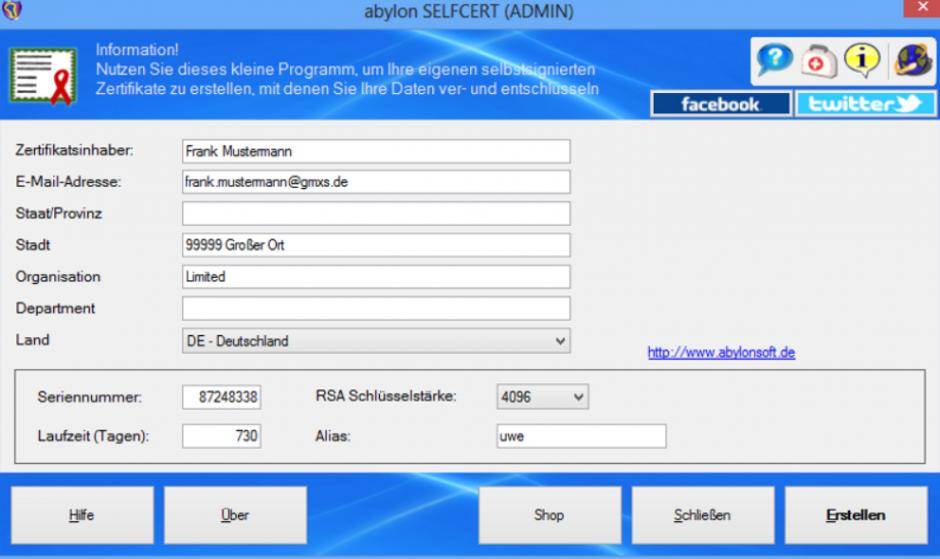 abylon SELFCERT main screen