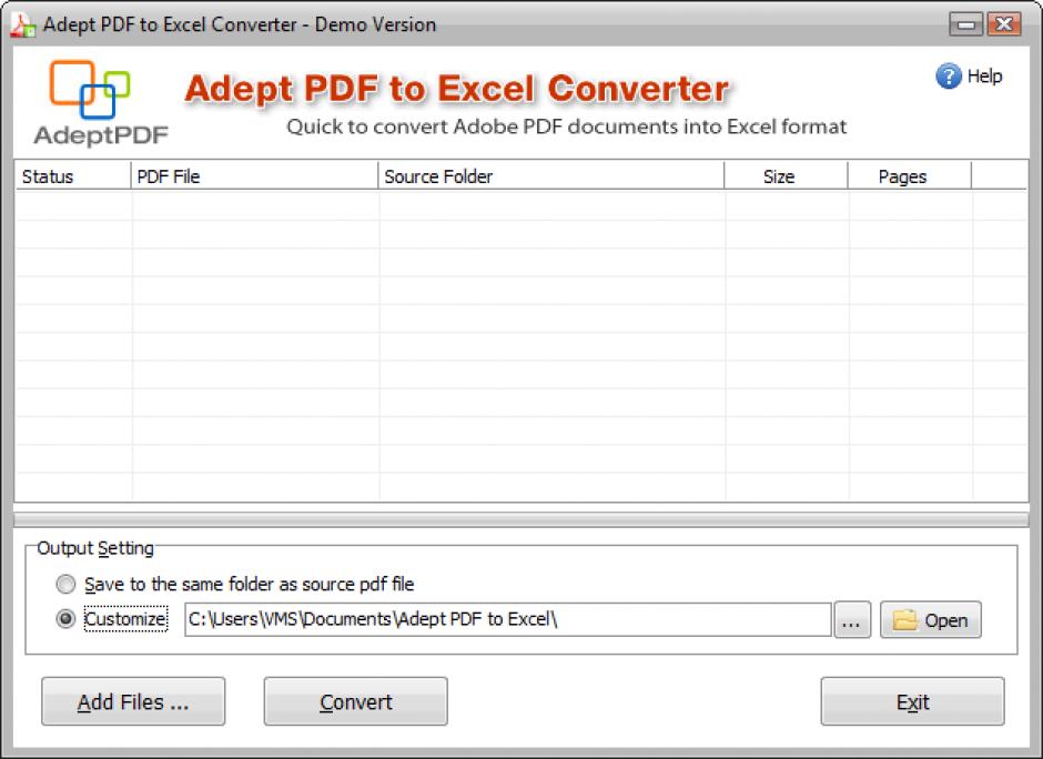 Adept PDF to Excel Converter main screen