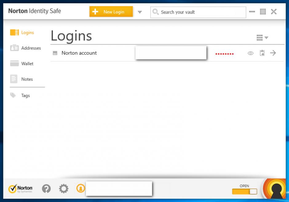 Norton Identity Safe main screen