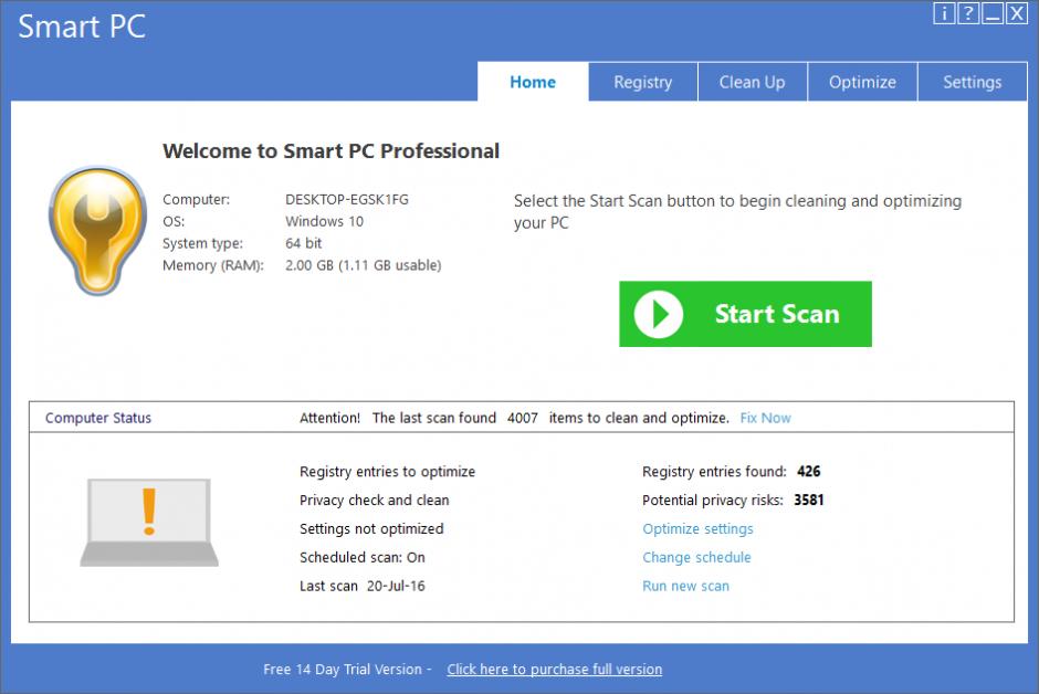 Smart PC Professional main screen