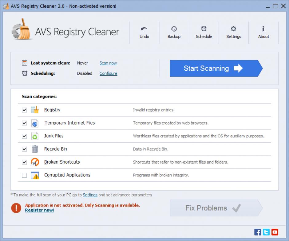 AVS Registry Cleaner main screen