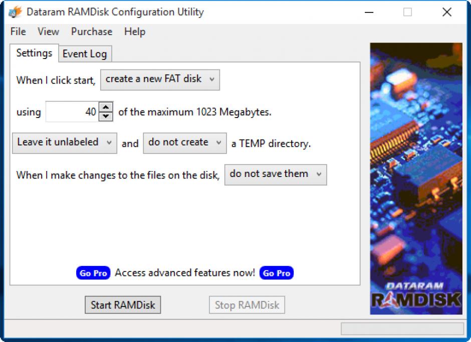 Dataram RAMDisk main screen
