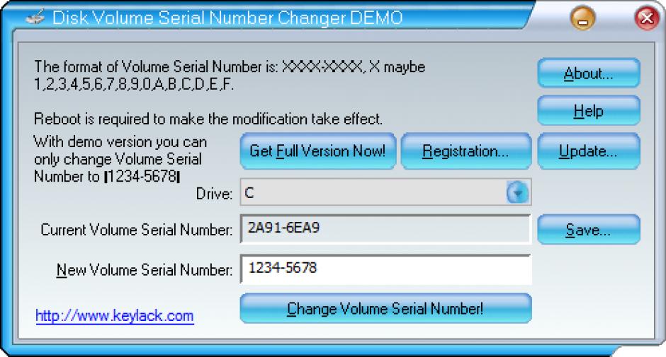 Disk Volume Serial Number Changer main screen