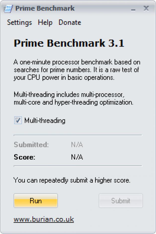 Prime Benchmark main screen