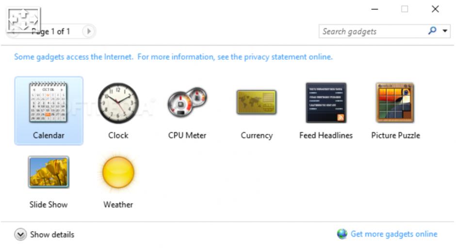 Windows Desktop Gadgets main screen