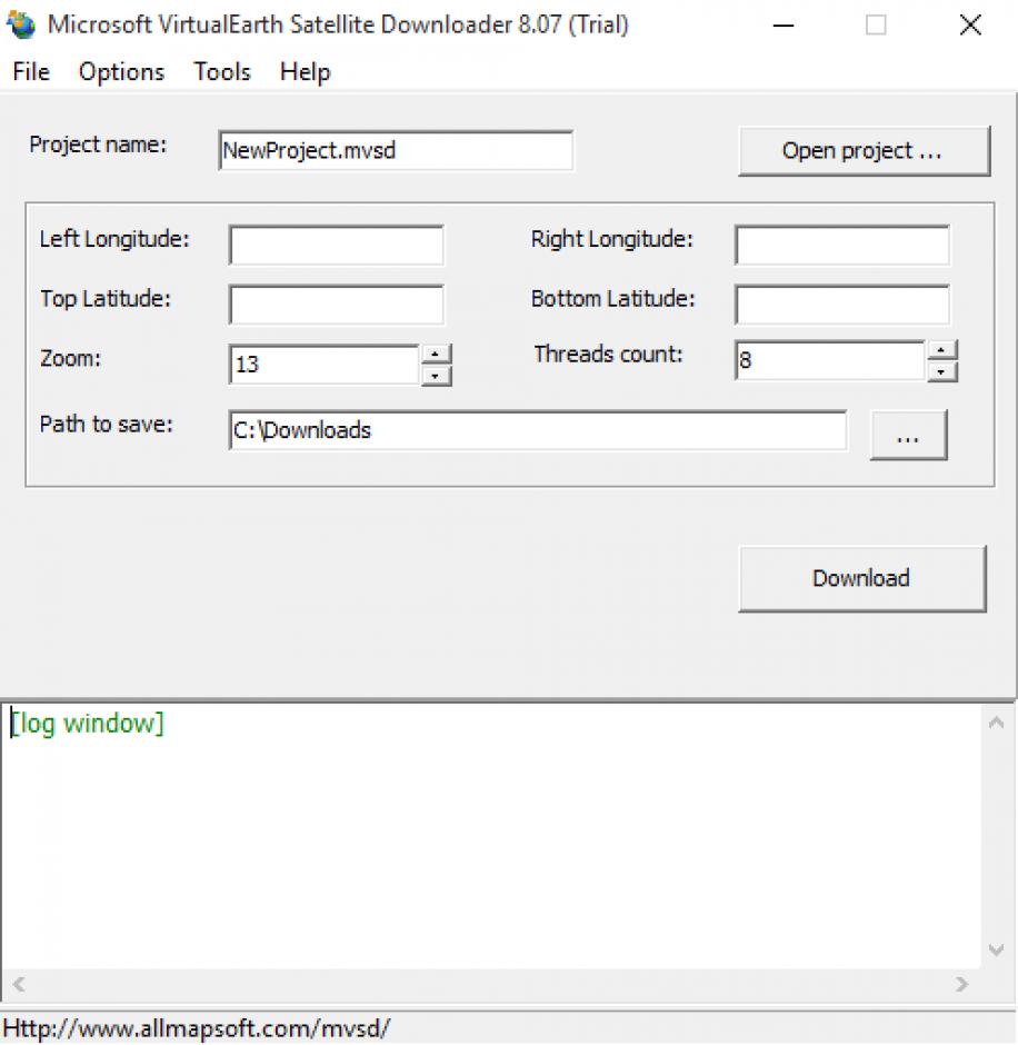 Microsoft VirtualEarth Satellite Downloader main screen
