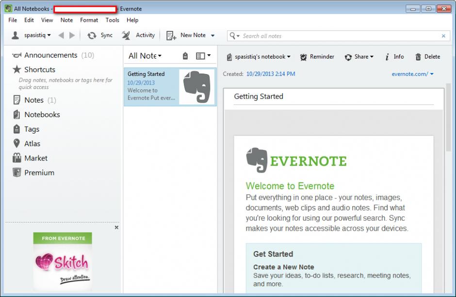 Evernote main screen