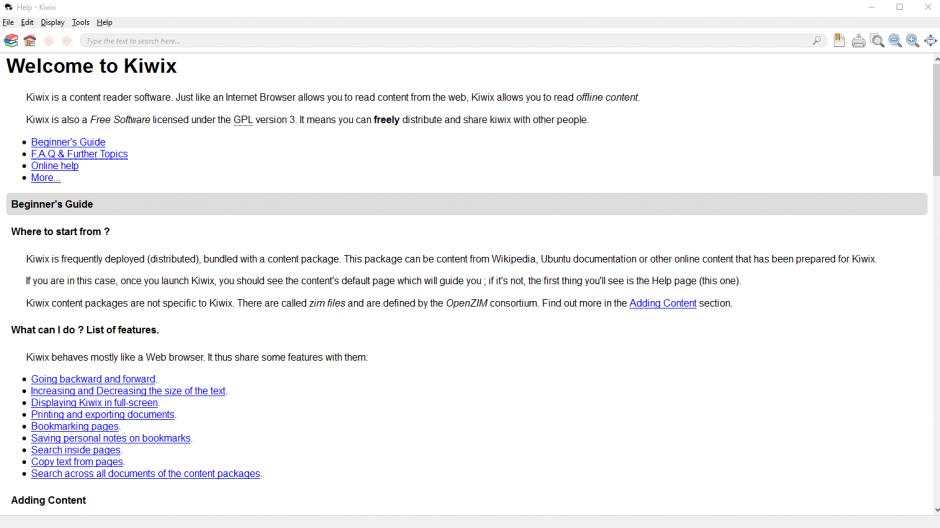 Kiwix main screen