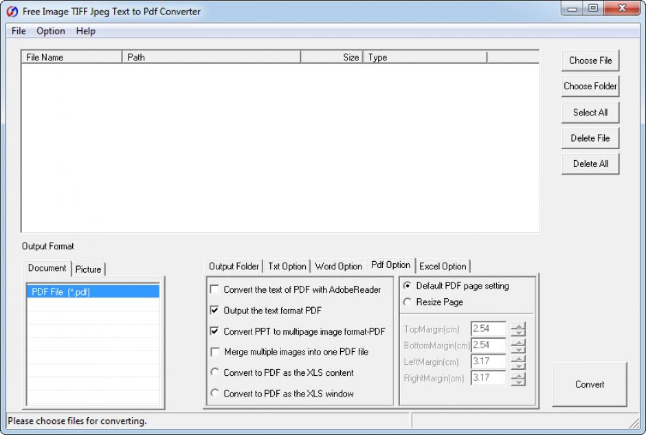 Free Image TIFF Jpeg Text to Pdf Converter main screen