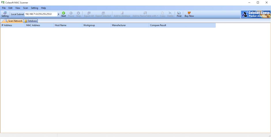 Colasoft MAC Scanner main screen
