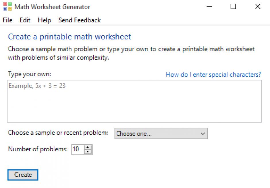 Math Worksheet Generator main screen