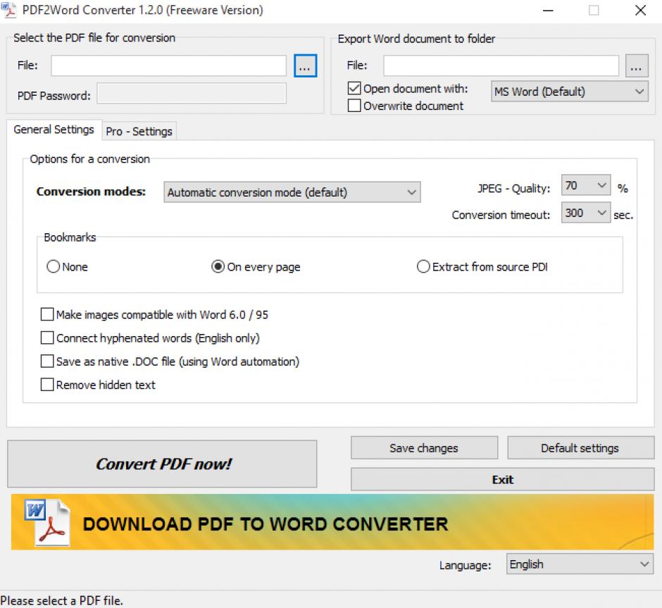 PDF2Word Converter main screen