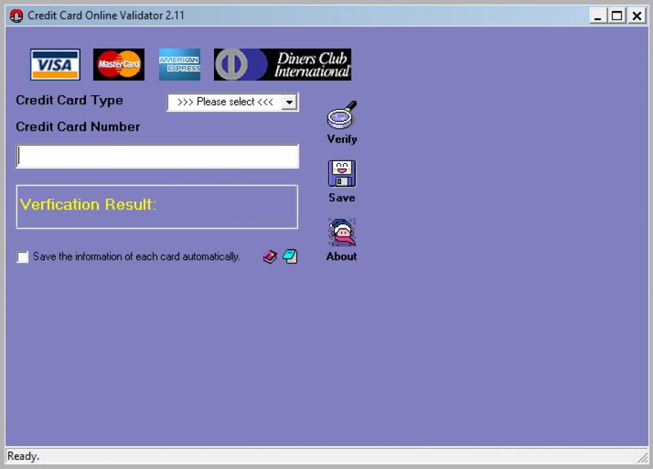 Credit Card Validator main screen