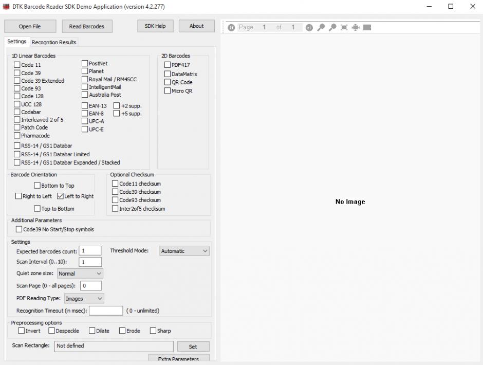 DTK Barcode Reader SDK main screen