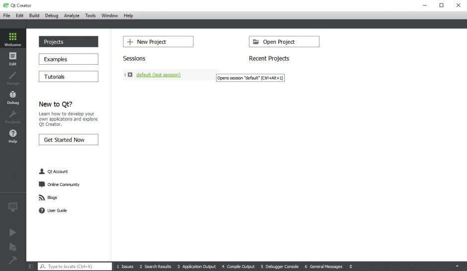 Qt Creator main screen