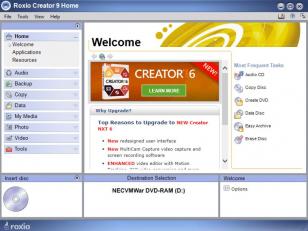 Roxio Easy Media Creator Suite main screen