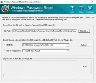Windows Password Reset Professional Demo main screen