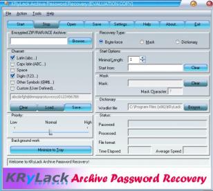 KRyLack Archive Password Recovery main screen