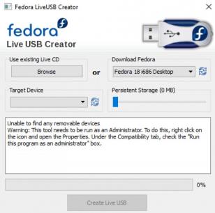 Fedora LiveUSB Creator main screen