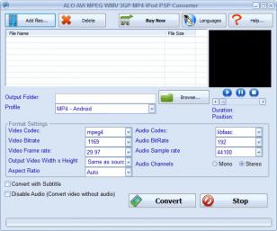 ALO AVI MPEG WMV 3GP MP4 iPod PSP Converter main screen