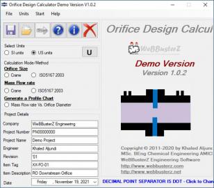Orifice Design Calculator main screen