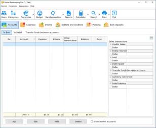 Home Bookkeeping Lite main screen