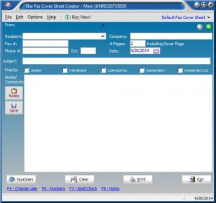 Star Fax Cover Page Creator main screen