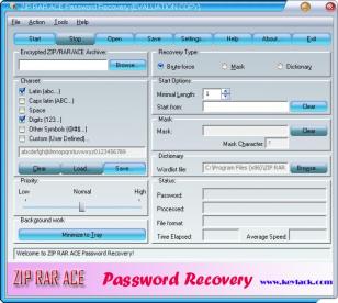 ZIP RAR ACE Password Recovery main screen