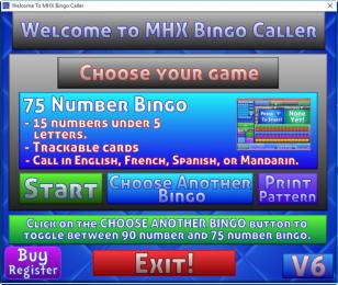 MHX Bingo Caller main screen