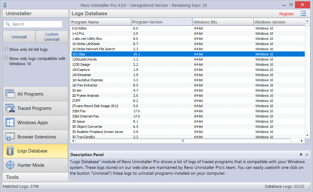 Screenshot of Logs Database