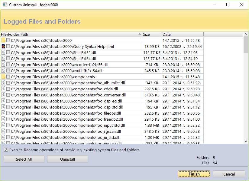 Screen of logged files and folders