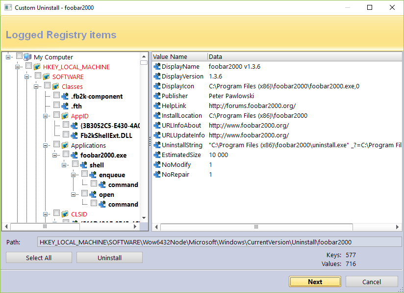 Screen of logged registry items