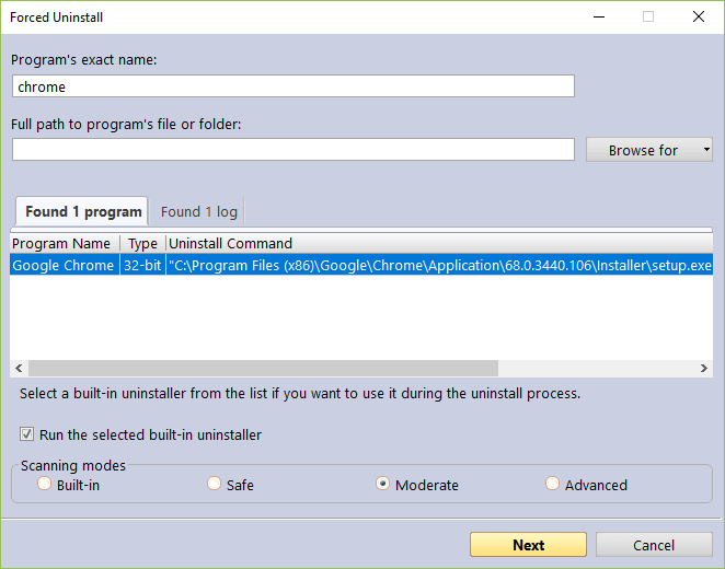 Screen of forced uninstall