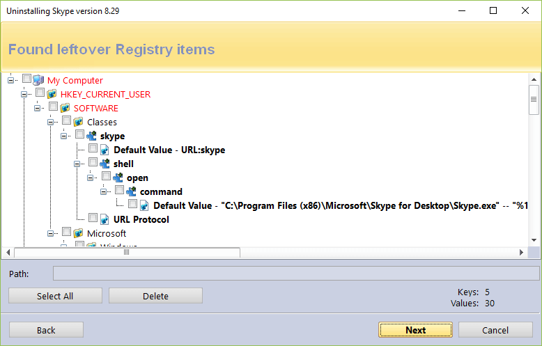 Screen of Found leftover registry items